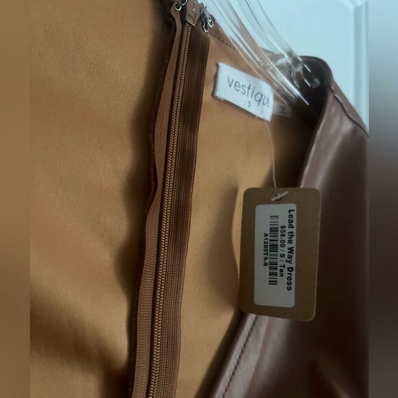 NWT Vestique Tan Faux Leather Wrap Dress | small - Picture 4 of 7